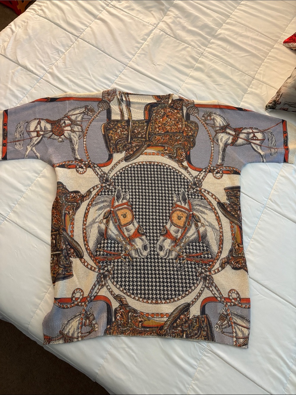 Equestrian Print Short Sleeve Top in Beige, Blue, Brown & Gray